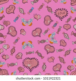 Vector fancy love shape seamless pattern background. Valentines Day. Pink, neutral and black.