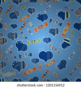 Vector fancy love shape seamless pattern background. Valentines Day. Blue, white and gray.