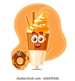 Vector fanny characters of chocolate donuts and cup of coffee with cream. Cartoon style. 