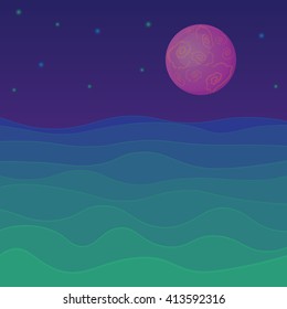 Vector fantastic background in navy blue, green, purple. Rising planet or satellite, stars in the sky. Futuristic design for cards, websites