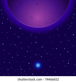 Vector fantastic background, space, violet planet and sun