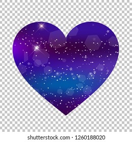 Vector fantastic galaxy heart isolated on transparent background. Purple neon magic icon, night starry sky love symbol for valentines greeting card, wedding invitation. Magical light effect clip art.