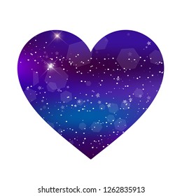 Vector fantastic galaxy heart isolated on white background. Purple neon magic icon, night starry sky love symbol for valentine greeting card, wedding postcard. Magical light effect clip art.