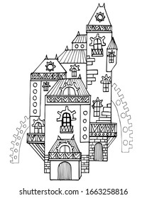 Vector fantastic house in steampunk style. Black and white sketch. Hand-drawn. Isolated on a white background. Coloring book for children and adults.
