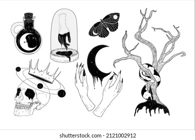 Vector Fantastic set of magical occult elements in graphic style. Gothic Tattoo. Hand-drawn magic icons: skull, hands, butterfly, crown, planets, flask, snake, moon, blood