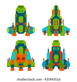 Vector fantastic space ships set in flat style