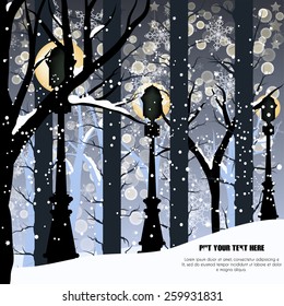 Vector fantastic trees with lighter  and falling snow in the night