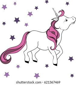 Vector fantastic unicorn with a pink mane on a background with stars