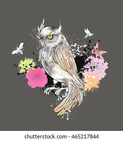 Vector Fantasy background with Hand Drawn owl , vector background with colorful flower and blots.