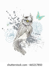 Vector Fantasy background with Hand Drawn owl , vector background with flower and blots.