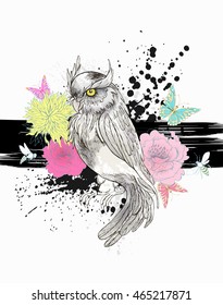 Vector Fantasy background with Hand Drawn owl , vector background with colorful flower and blots.