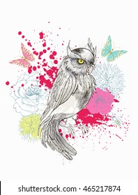 Vector Fantasy background with Hand Drawn owl , vector background with colorful flower and blots.