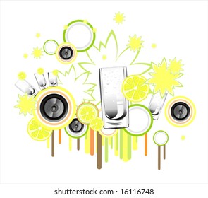 Vector fantasy background with music and lemons elements.