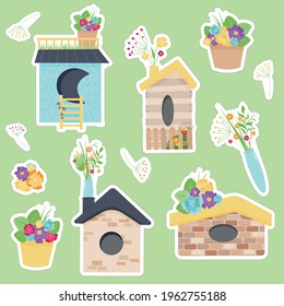 Vector fantasy birdhouses, flowers. Spring, summer elements. Collection for print poster, label sticker, kit illustration