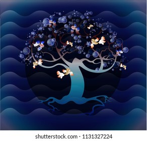 Vector fantasy book illustration mysterious magic sea background fairy tale gradient bubbles card design tree silhouette fish sea life world cloth print patch wallpaper