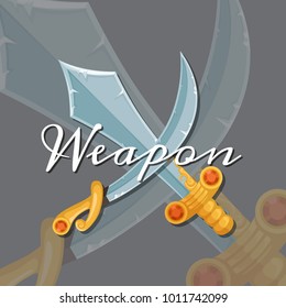 Vector fantasy cartoon style game design medieval crossed magic sword and saber. Blade knife and military saber game illustration