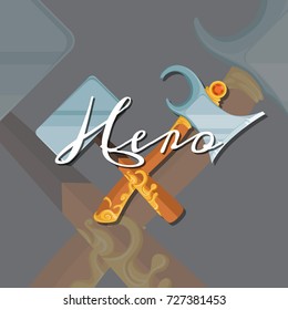 Vector fantasy cartoon style game design medieval crossed design hammer and axe illustration
