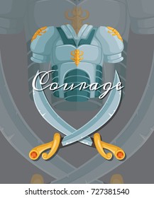 Vector fantasy cartoon style game design medieval crossed sabers and breastplate elements with lettering and shadows illustration