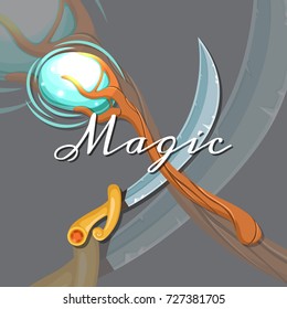 Vector fantasy cartoon style game design medieval crossed magic staff and saber sword elements with lettering and shadows illustration