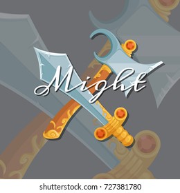 Vector fantasy cartoon style game design medieval crossed axe and sword elements with lettering and shadows illustration