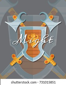 Vector fantasy cartoon style game design medieval crossed shield, axe and sword elements with lettering and shadows. Medieval shield and axe illustration