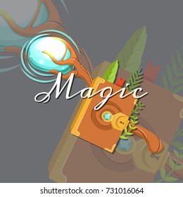 Vector fantasy cartoon style game design medieval crossed magic staff and spellbook elements with lettering and shadows. Staff rod and book with spell, magical and witchcraft illustration