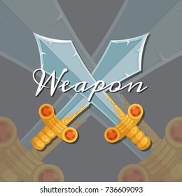 Vector fantasy cartoon style game design medieval crossed sword elements with lettering and shadows illustration