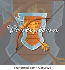 Vector fantasy cartoon style game design medieval crossed shield, arrow and bow elements with lettering and shadows illustration