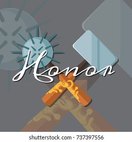 Vector fantasy cartoon style game design medieval crossed morgenstern and hammer elements with lettering and shadows illustration
