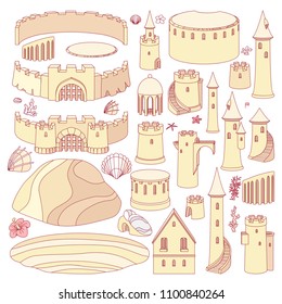 vector Fantasy castle sand, sandcastle fort, play toy fortress. Vacation sculpture, holiday construction. Summer sea ocean beach graphic. Maritime illustration isolated background. Cartoon flat Set