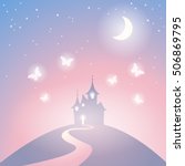 Vector fantasy castle silhouette on the hill. Fairy tale castle. Illustration of mysterious night landscape.