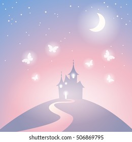 Vector fantasy castle silhouette on the hill. Fairy tale castle. Illustration of mysterious night landscape.