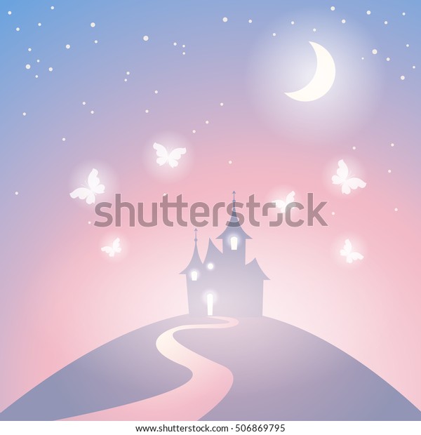 丘の上に映るベクターファンタジー城のシルエット おとぎ話の城 謎の夜景のイラスト のベクター画像素材 ロイヤリティフリー