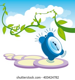 Vector fantasy children story illustration of ringing alarm clock on the sky