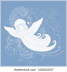 Vector fantasy Christmas angel with Magic star. New Year greeting card, Adults  and children coloring book page, T-shirt print . Light blue gray contour hand drawn contour line art on a grey backgroun