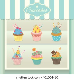 Vector fantasy cupcake display on showcase decoration  in bakery cafe shop.Pastel colors in blue aqua background.