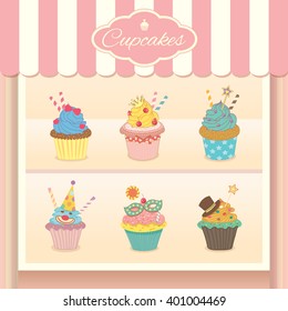 Vector Fantasy Cupcake Display On Showcase Decoration In Bakery Cafe Shop.Pastel Colors In Sweet Pink Background.