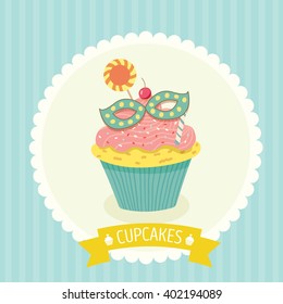 Vector fantasy cupcake on blue background with yellow ribbon for party invitation or greeting card.Bakery menu cake cafe.Cute style.