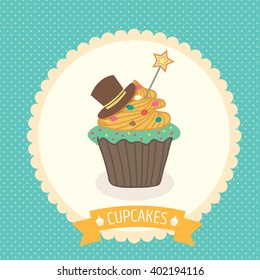 Vector fantasy cupcake on green blue background with orange ribbon for party invitation or greeting card.Bakery menu cake cafe.Cute style.