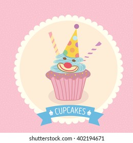 Vector fantasy cupcake on pink background with blue ribbon for party invitation or greeting card.Bakery menu cake cafe.Cute style.