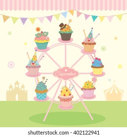 Vector fantasy cupcakes decoration on the ferris wheel with bunting in party fest.Pastel colorful and cute style for bakery cafe shop.Pink awning.
