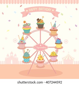 Vector fantasy cupcakes decoration on the ferris wheel for birthday party fest.Pastel of pink colors and cute style for bakery cafe shop.