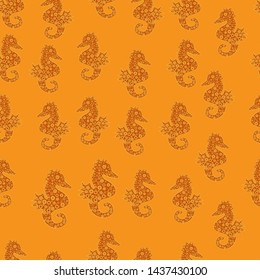 Vector. Fantasy cute illustration. Nice seamless pattern for boys, girls, clothes, wallpaper. Yellow and orange Sea horse hippocampus watercolor illustration on yellow and orange background.