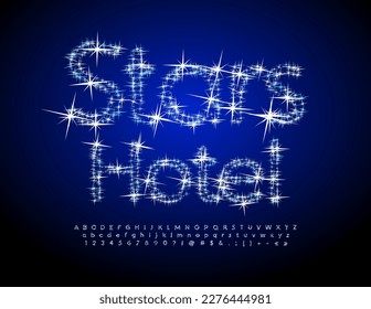 Vector Fantasy Emblem Stars Hotel. Stylish Alphabet Letters and Numbers set. Bright Font  with Sparkling Stars. 