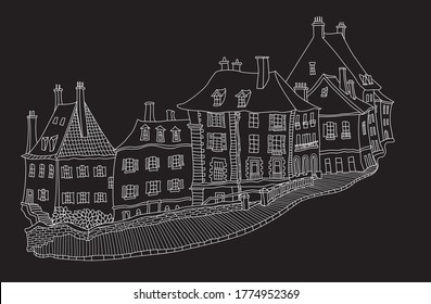 Vector fantasy European urban landscape with medieval old town castle house, fairy tale buildings, paved street. Hand drawn white doodle sketch on a black background. Tee shirt print, travel brochure 