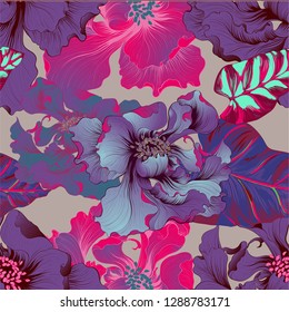 Vector. Fantasy flowers - decorative composition. Flowers with long petals. Wallpaper. Seamless patterns Use printed materials, signs, posters, postcards, packaging, print.