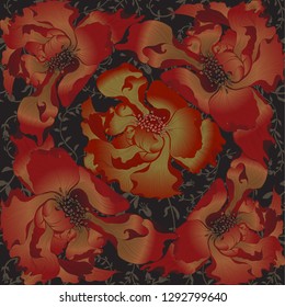 Vector. Fantasy flowers - decorative composition. Flowers with long petals. Wallpaper. Seamless patterns Use printed materials, patterns for fabrics, posters, cards, packaging.