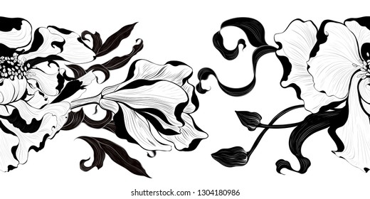 Vector. Fantasy flowers - decorative composition. Flowers with long petals. Wallpaper. Seamless patterns Use printed materials, patterns for fabrics, posters, cards, packaging.