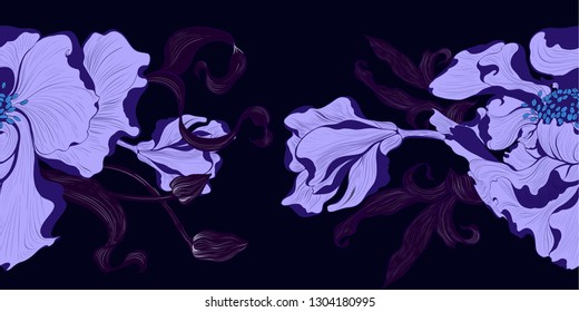 Vector. Fantasy flowers - decorative composition. Flowers with long petals. Wallpaper. Seamless patterns Use printed materials, patterns for fabrics, posters, cards, packaging.