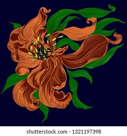Vector. Fantasy flowers - decorative composition. Flowers with long petals. Wallpaper.  Use printed materials, patterns for fabrics, posters, cards, packaging.